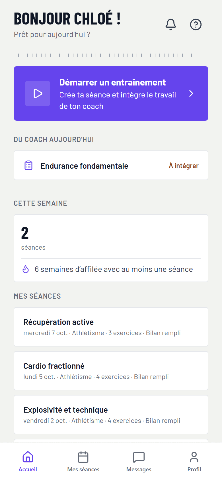 Accueil de l’athlète sur téléphone : séance du coach du jour, séances de la semaine et dernières séances